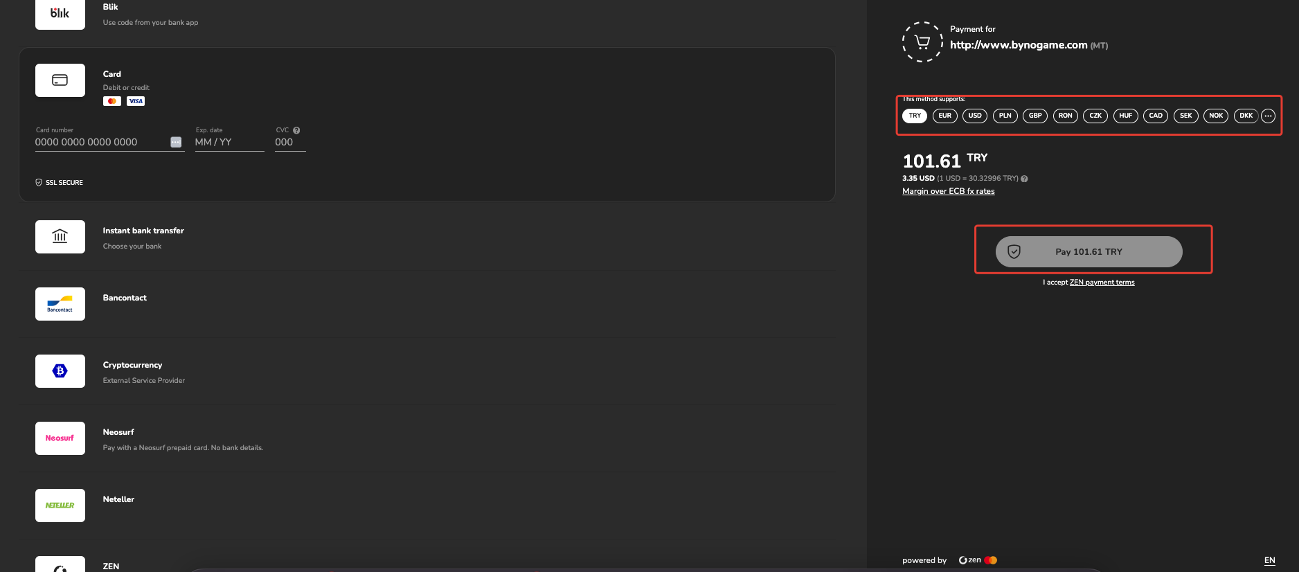 What is zen credit card payment?