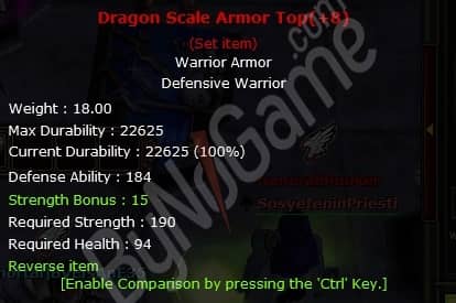 +8 Dragon Scale Armor Top STR si Basılı. İster Kullan İster 9 a Bas