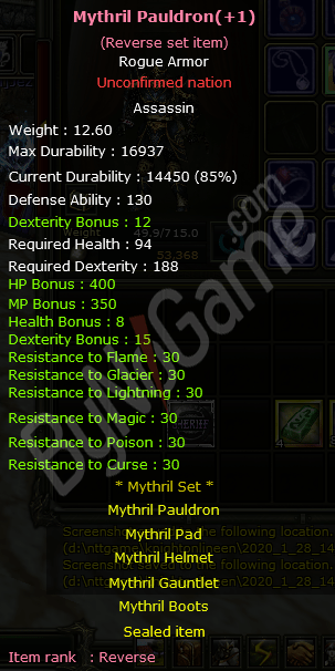Toplu Rogue İtemleri +1 Reb Mythril Set +1 Dual Lego +1 Dual Coc +2 Judi belt +1 Amulet of dex